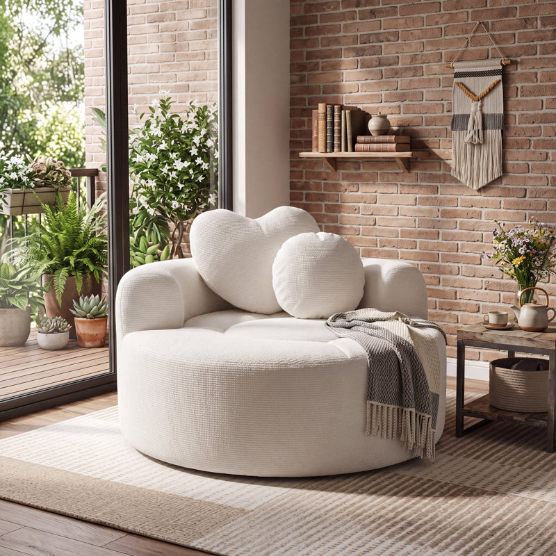 Fauteuil surdimensionné avec méridienne ronde en tissu gaufré et grand fauteuil circulaire sans assemblage requis, Blanc