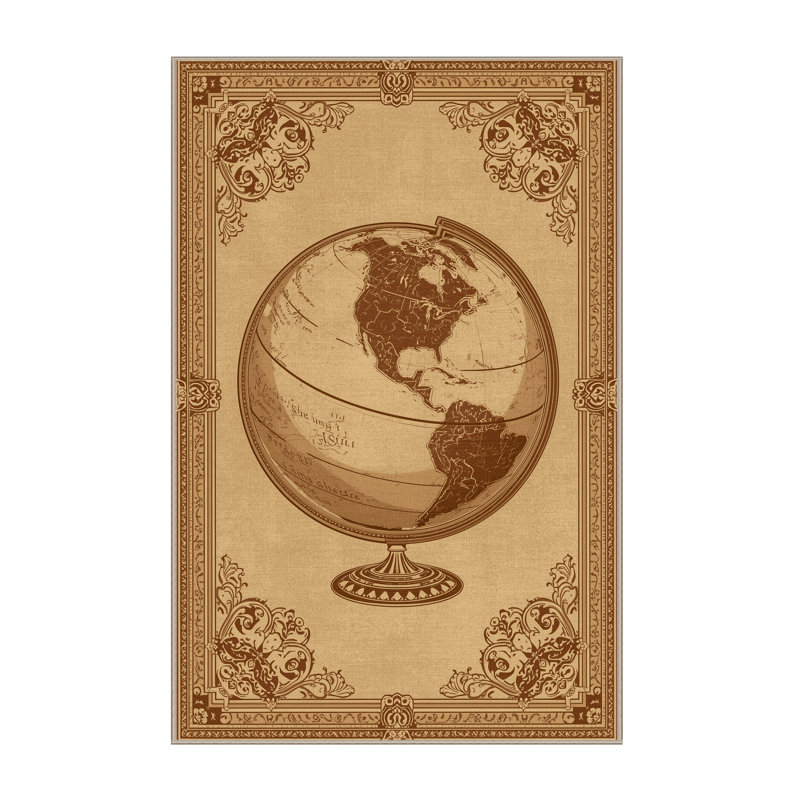 Machine Washable Ovetta Classroom Globe Classic Damask Rug in Brown – Beige Binding, 6x9