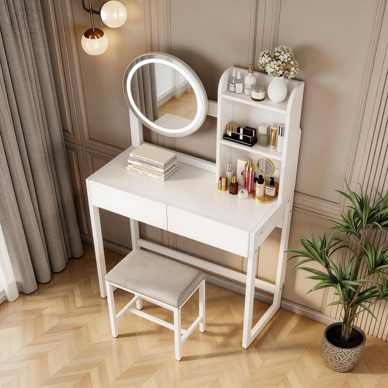 Petit ensemble de coiffeuse avec miroir lumineux et prise de courant, Blanc