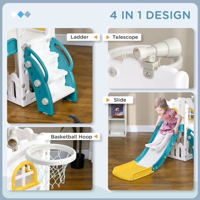 Qaba 5-in-1 Toddler Slide Set with Basketball Hoop and Storage, Yellow