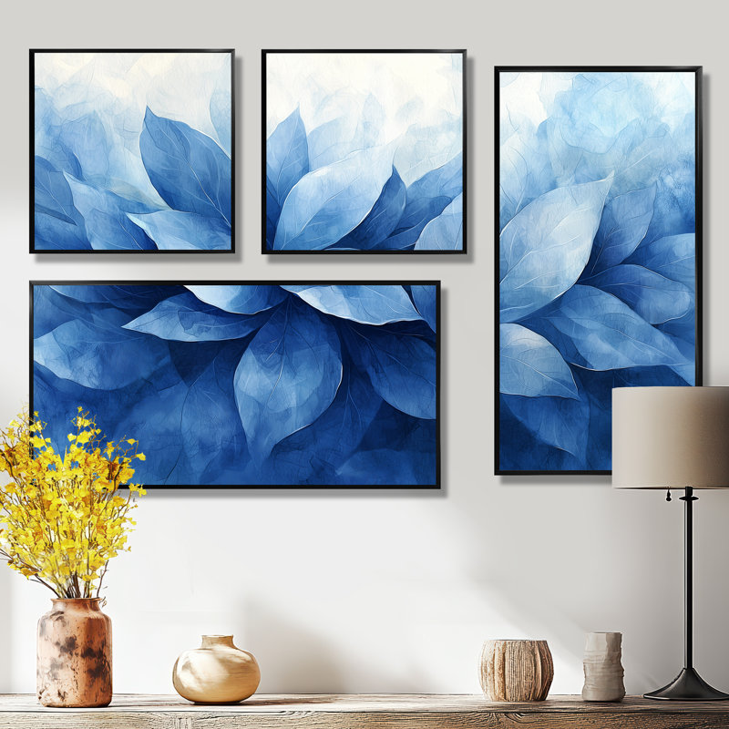 Bleu et brun délicats pétales de fleurs - art mural floral 4 pièces, Impression encadrée sans passe-partout, Noir