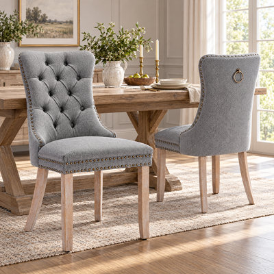 High-Back Tufted Linen Dining Chairs Set - Durable Wooden Frame With Exquisite Rivet Details,Set Of 2