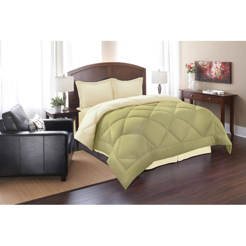 All Season Polyester Reversable hypoallergenic down alternative Comforter Set with Pillow Sham, Sage/Cream