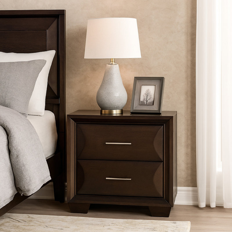Nitz Nightstand, 2 Drawers, Espresso Brown Solid Wood, 27 Inch, Gold/Espresso Brown