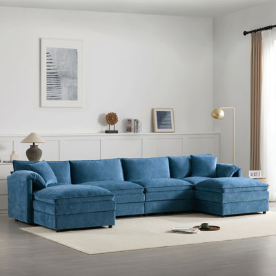136" Chenille Modular Sectional Sofa With Deep And Wide Seat, U-Shaped Cloud Couch Set With Double Cushions, 6 Seat Sofa With Movable Ottoman, Oversized Indoor Furniture