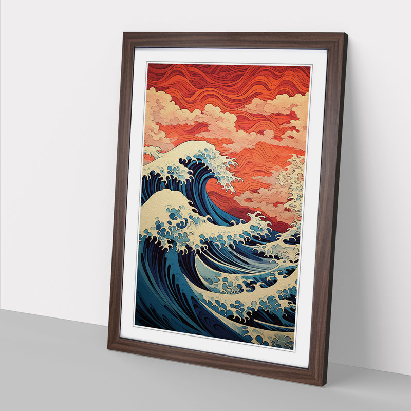Wave Japanese Geometric No.4 - Single Picture Frame Print on Wood, 64cm H x 46cm W, Walnut Framed