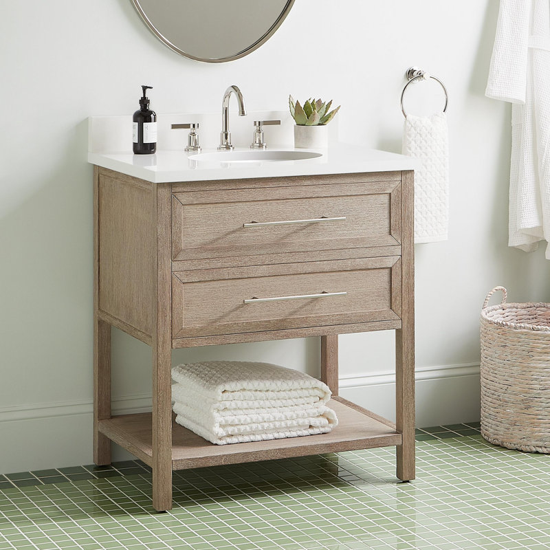 30" Robertson Single Bathroom Vanity Set with Oval Undermount Sink, Arctic White Quartz, Brushed White, 8" Widespread