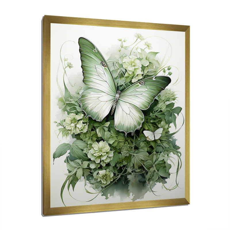 «Green Butterfly Whirling Beauty», art sur toile papillon, H 44 po x l 34 po x P 1,5 po, Cadre doré simple
