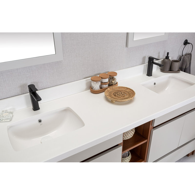 Ensemble de meuble-lavabo double 71 po avec miroir Kunta, Noyer / Blanc