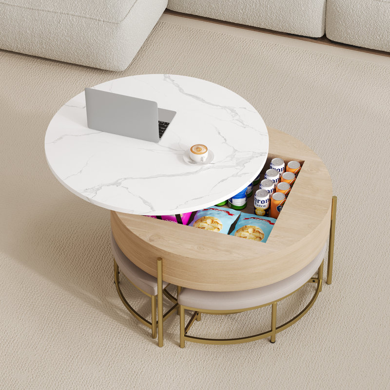 Table basse moderne à plateau relevable avec rangement et 3 repose-pieds gigognes blancs et naturels, Doré, Naturel / Blanc