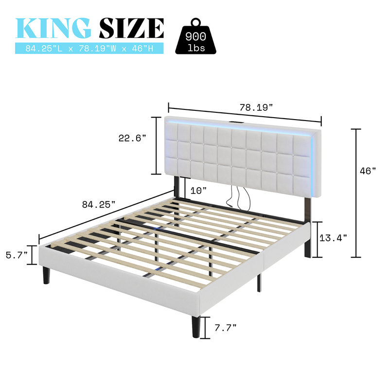 Berdean Button Tufted Platform Bed Frame with LED Lights, King, White