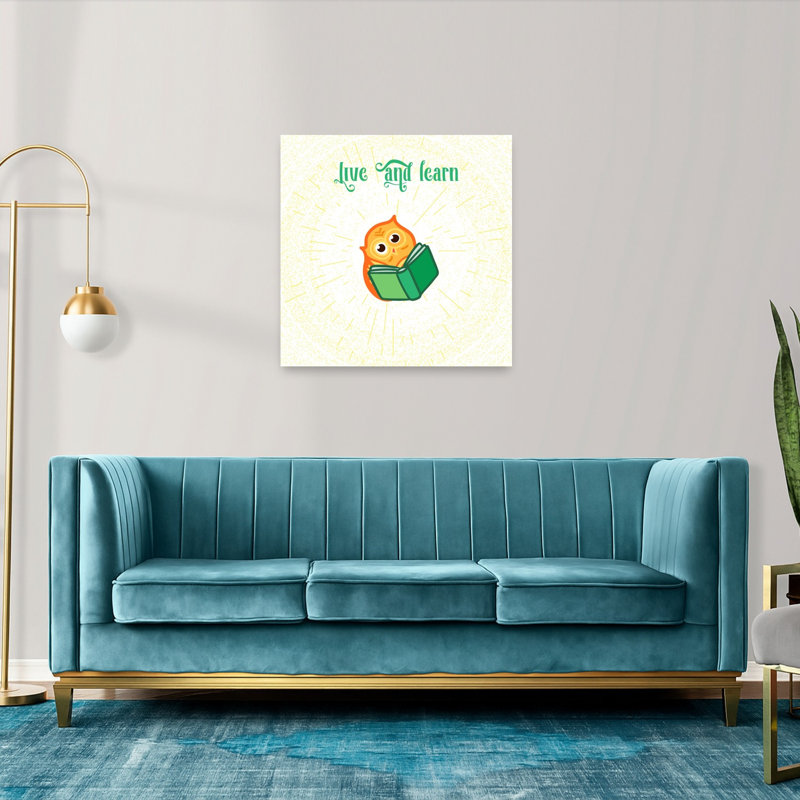Hibou sage lisant un livre, illustration murale contemporaine représentant une forêt de chouettes, 36" H x 36" W