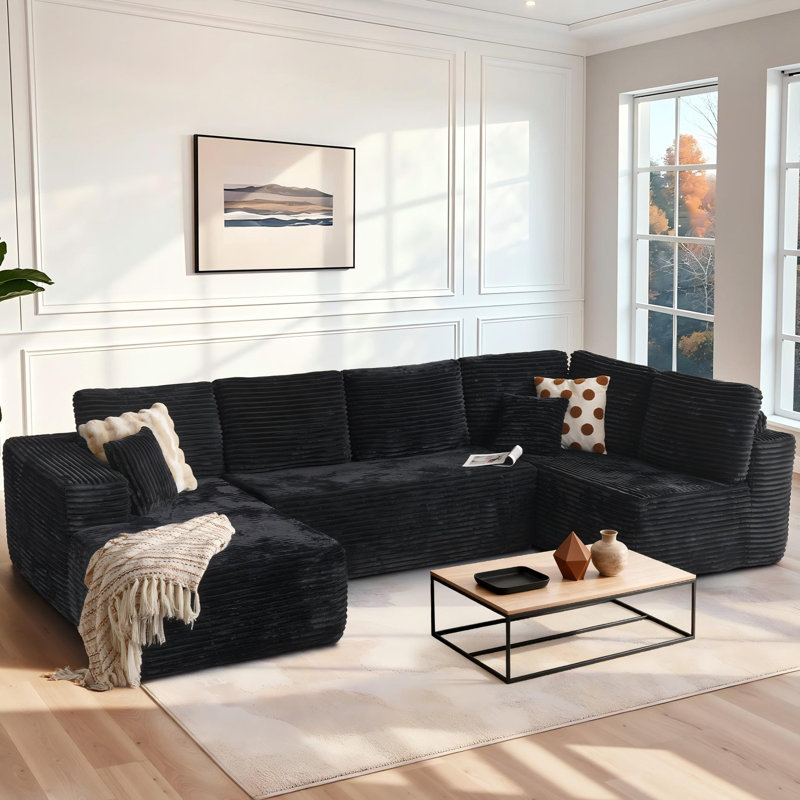 Cloudelle 3-Piece L-Shaped Plush Corduroy Sectional Sofa – No Assembly Required, Black Corduroy