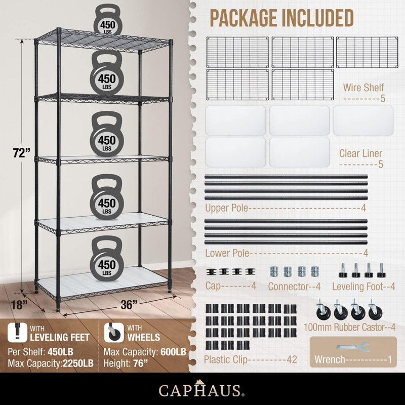 Étagère en métal robuste à 5 niveaux CAPHAUS NSF de qualité commerciale avec roues, pieds de nivellement et doublures, 36 x 18 x 76, noir