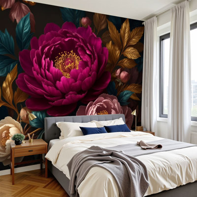 Peel and Stick Wallpaper Luxurious Dark Floral Arrangement Peonies Detailed Leaves Wall Murals 100"H x 144"W Removable PVC Wall Paper Self-Adhesive Wall Paintings Art Decor for Bedroom Living Room Nursery