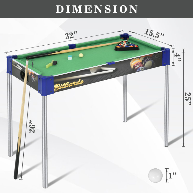32" Removable Portable Mini Pool Table, Compact And Space Saving, With 2 Cues, 16 Balls, Triangle