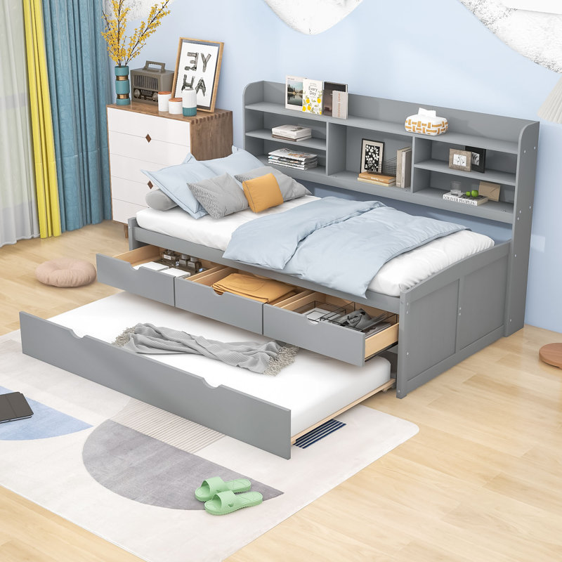 Masiya Twin Size 3 Drawers Wooden Captain Bed with Trundle, Light Gray
