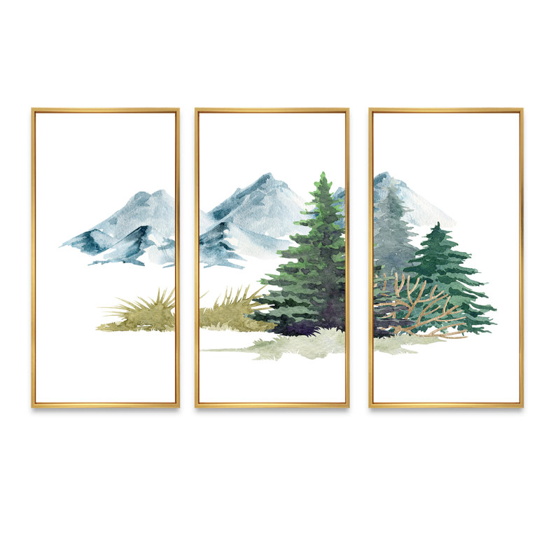 «Pine Trees In Mountain Landscape», peinture sur toile 3 pièces, H 28 po x l 36 po, Cadre doré simple