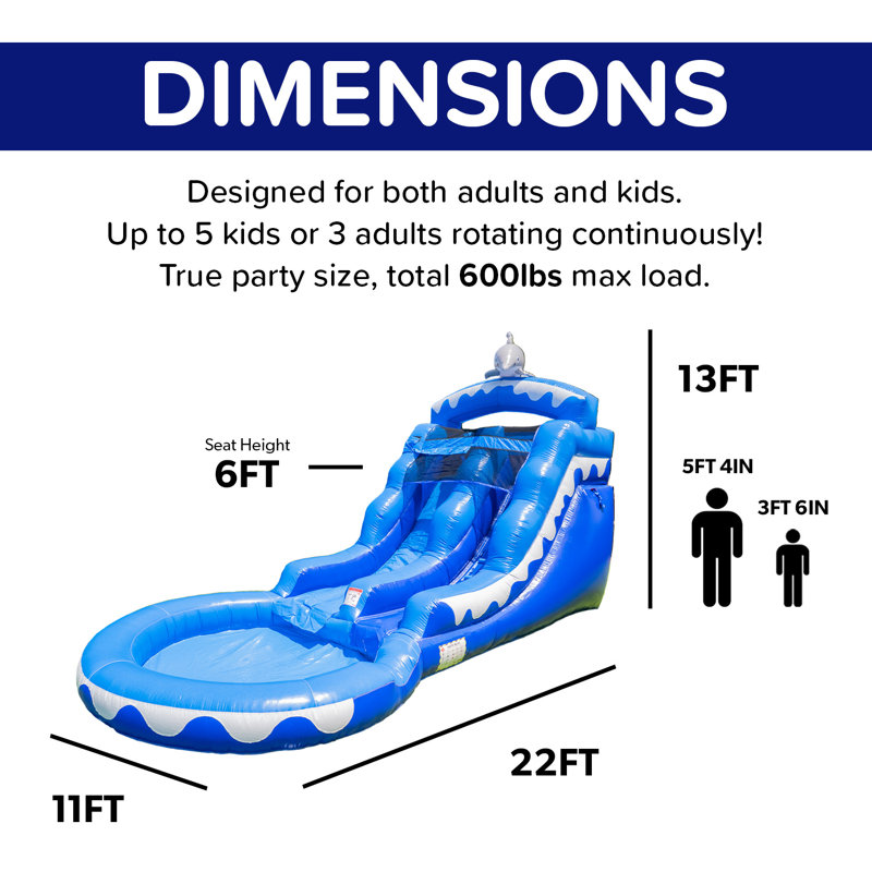 Toboggan aquatique gonflable HeroKiddo Dauphin de 6,7 m avec pataugeoire, en PVC de qualité commerciale, utilisable dans l'eau ou sur terre, avec souffleur.