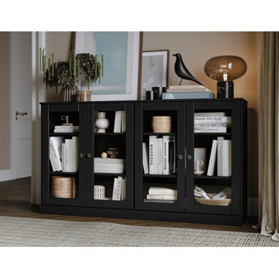 100% Solid Wood 64" Sideboard with Clear Glass Doors and Adjustable Shelves
