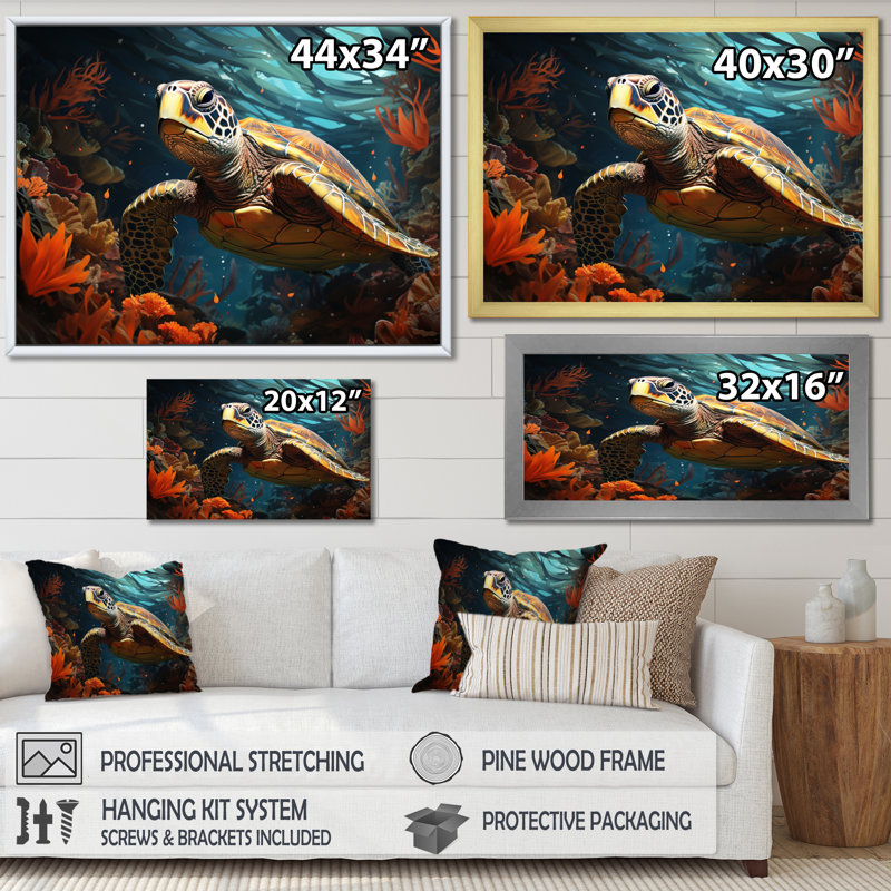 «Turtle Aquatic Wanderer», impression géométrique sur toile, Cadre simple noir, H 34 po x l 44 po x P 1,5 po
