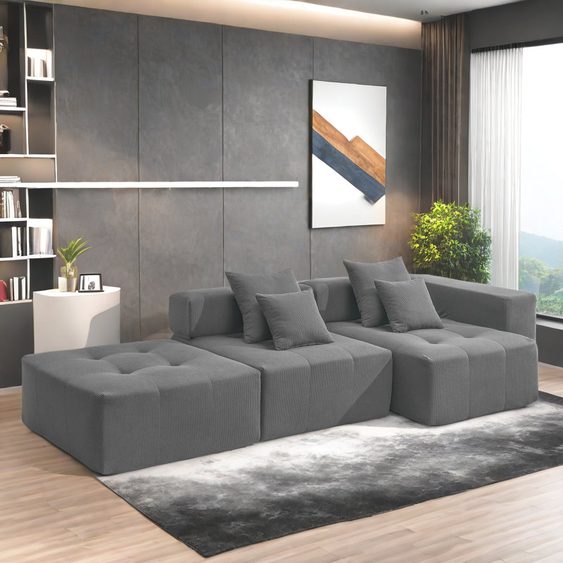 Norvik 3-Piece Modern Minimalist Compression Corduroy Upholstered Boneless Modular Sectional Sofa with Pillows, Gray Corduroy