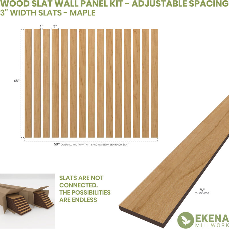 Adjustable Wood Slat Wall Panel Kit, 2"W x 47"H x 0.25"T, Maple