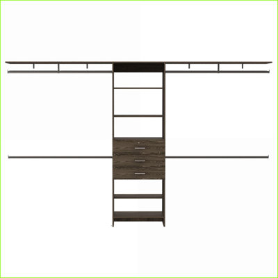 Closet System, Adjustable 69”-118”W with 4 Hanging Rods, 3 Drawers, 5 Shelves | Dark Walnut | Engineered Wood