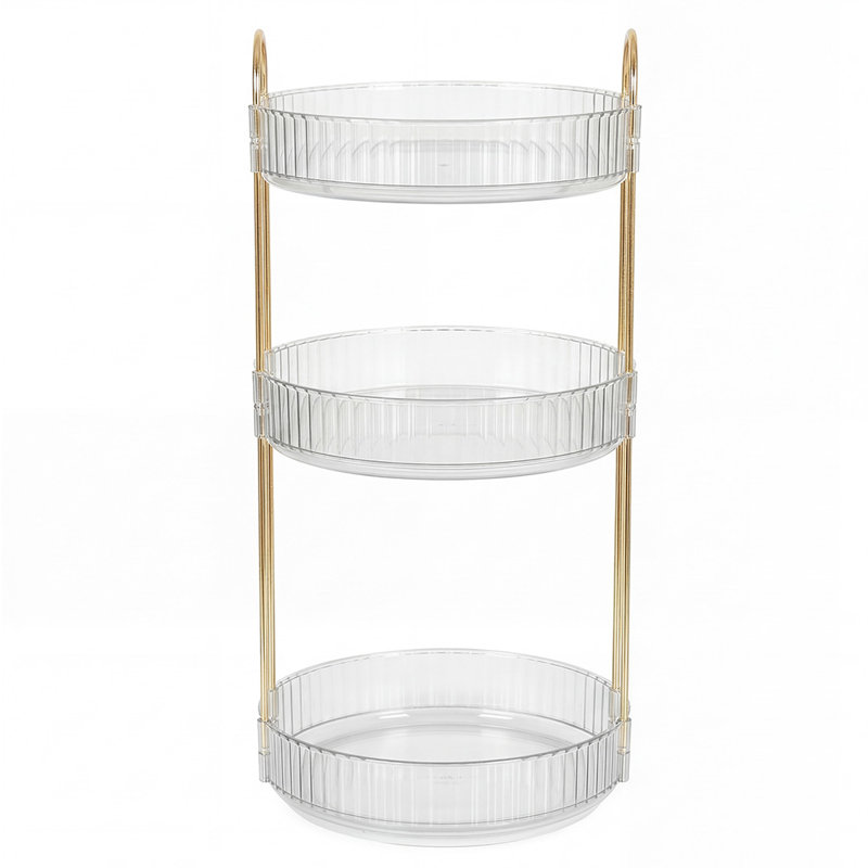 ilus Makeup Organiser 360 Rotating Spinning 3 Tiers Cosmetic Organizer White, Brushed Gold/Clear