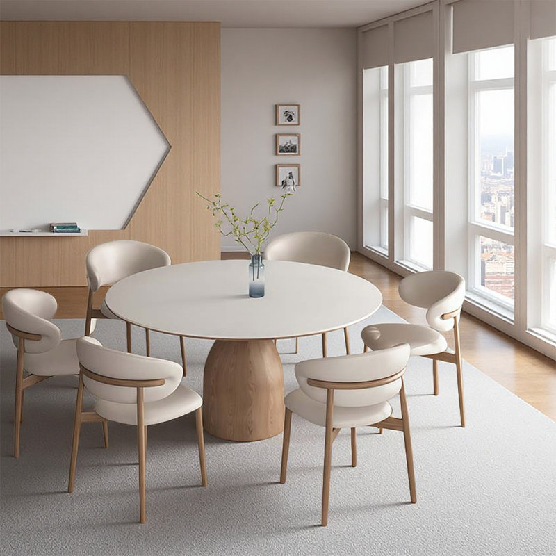 Ensemble de table et chaises modernes en ardoise blanche moderne, table ronde avec base en bois massif