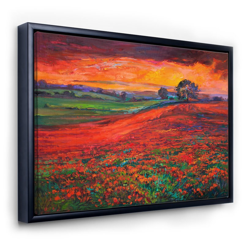 «Blossoming Poppy Fields pendant l'été coucher de soleil», reproduction d'art sur toile, H 30 po x l 40 po, Toile encadrée