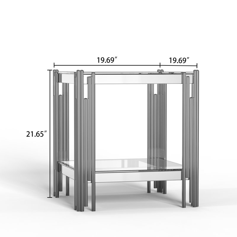 Luxury Square End Table, 20" Glass Sofa Side Table with Stainless Steel Frame and Tempered Glass Top, Cocktail Tea Table, Modern Glass End Table for Home Office
