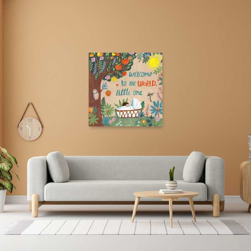 Bienvenue dans le monde ! Affiche murale abstraite et contemporaine représentant un pommier, un papillon, un oiseau et une forêt, avec une nature préservée.