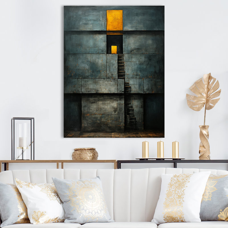 «Quiet Wisdom Minimal Orange On Vintage Blue - Modern Geometric Wall Art Living Room, 44" H x 34" W, Toile tendue