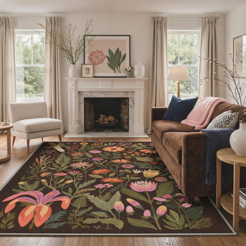Floret Floral Machine Washable Black Indoor Area Rug with Non-Slip Backing, Rectangle 5' x 7'