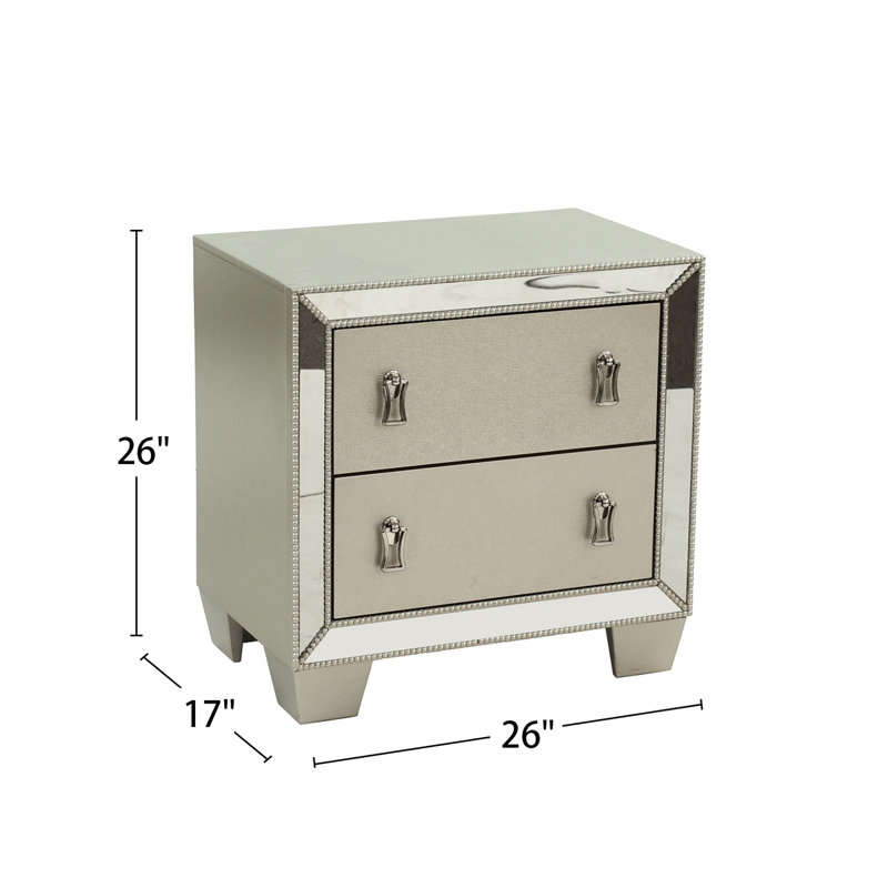Table de chevet 2 tiroirs en argent avec accents en miroir - pour la chambre à coucher