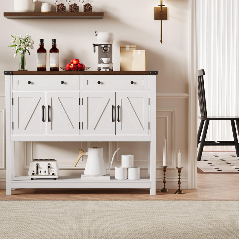47.2" Buffet Sideboard Cabinet, Modern Farmhouse Coffee Bar with 2 Drawers, 4 Barn Doors, Wooden Storage Cabinet, White