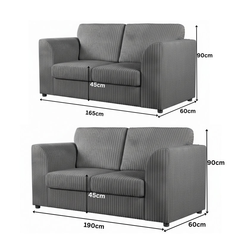 Soft Fabric Jumbo Cord 3 and 2 Seater Upholstered High Back Cushion Living Room Sets, Grey