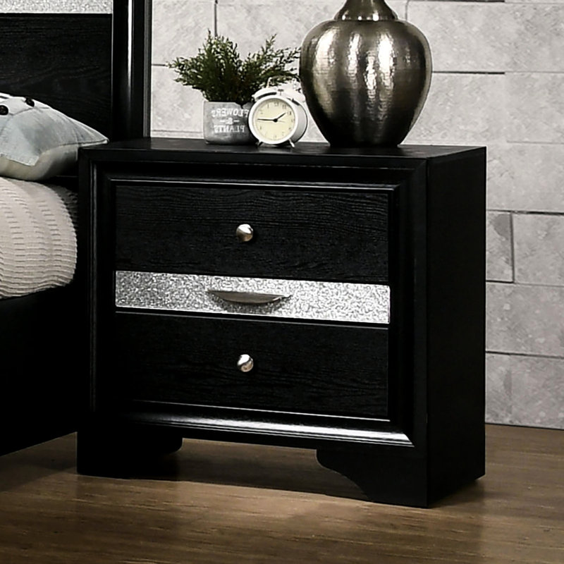 Table de chevet noire avec rangement - style contemporain, bois massif, détails modernes argentés, 2 armoires, Noir