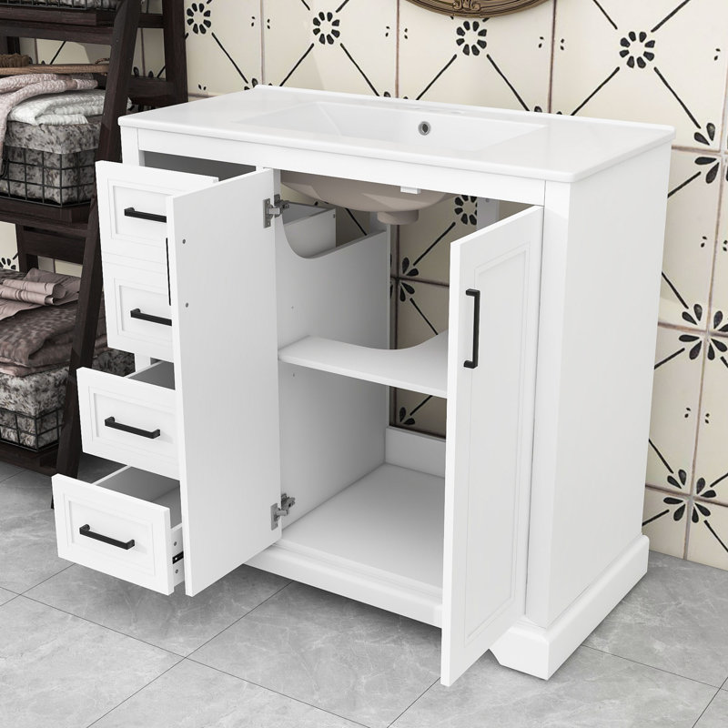 Meuble-lavabo de salle de bain avec lavabo en céramique, tablette réglable, tiroirs de rangement et porte à fermeture en douceur