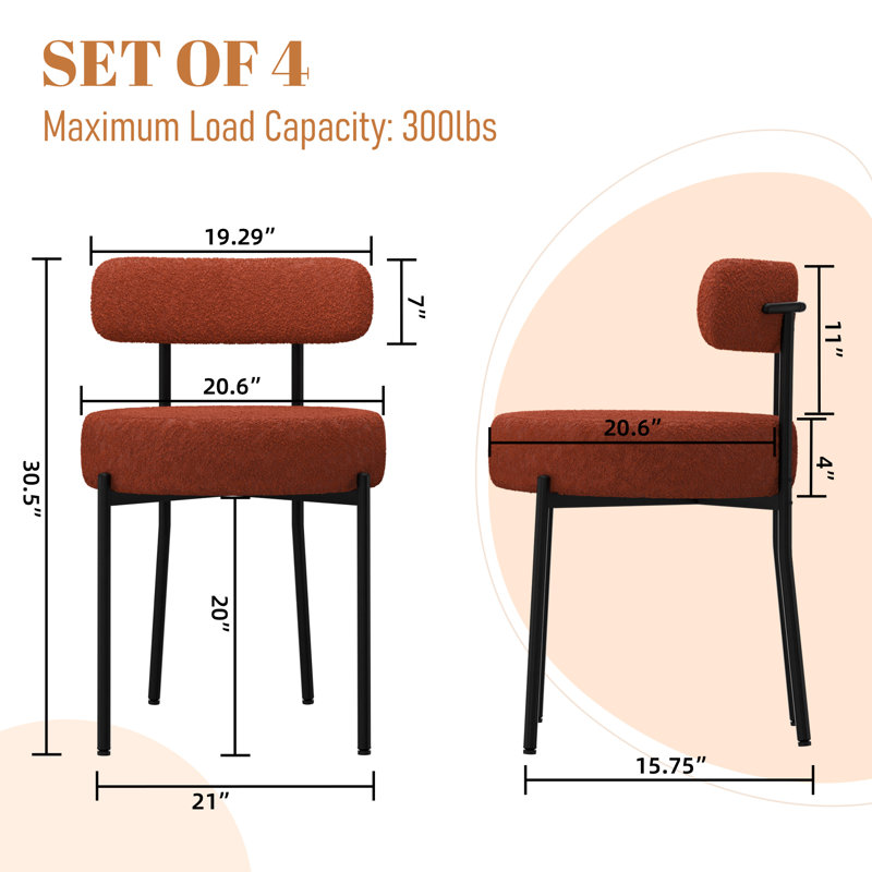 Boucle Dining Chairs Set of 4, Upholstered Dining Chairs with Black Metal Legs, Modern Dining Chair, Orange