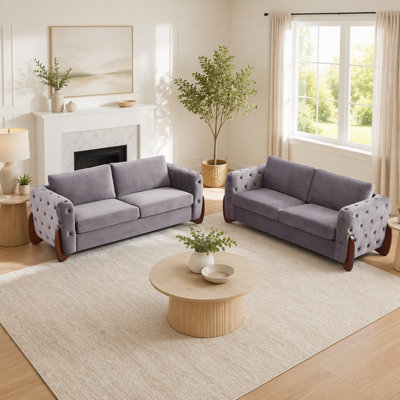 Classic Velvet Sofa With Button-tufted Detailing Features Curved Wooden Legs, Stylish Curved Armrests, Two Back Cushions, and Two Seat Cushions for the living room.2pcs