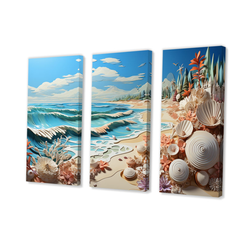 «Coastal Beachside Tranquility Papercut - Nautical & Beach», reproduction d'art sur toile, H 40 po x l 60 po x P 1 po