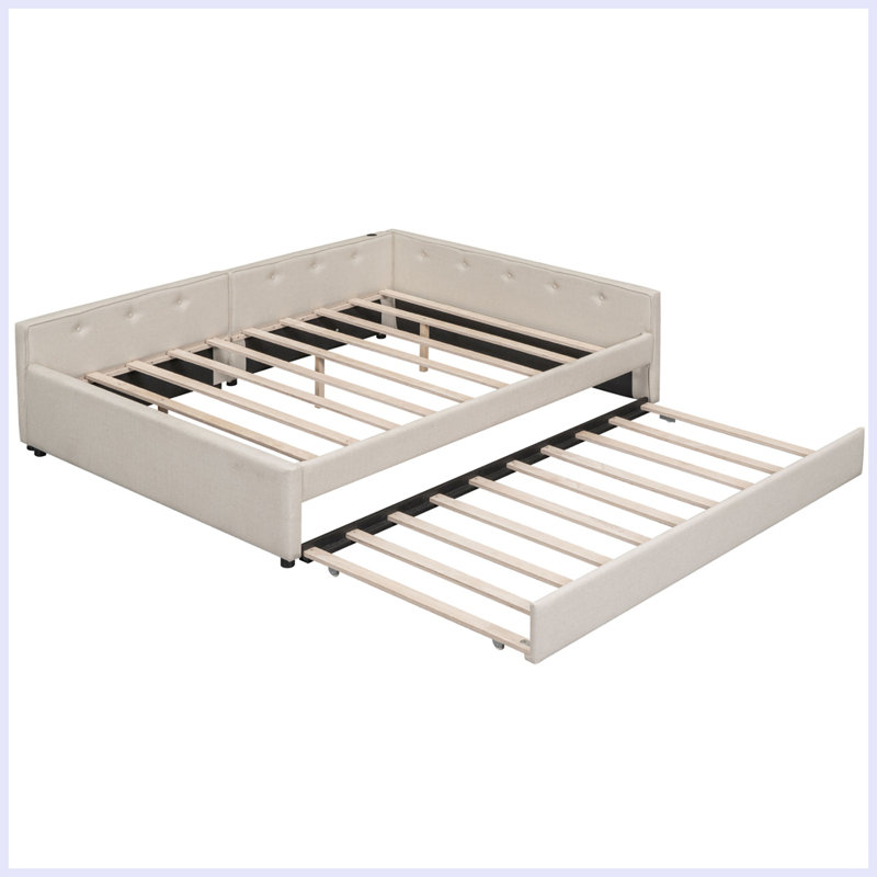 Mitsuko Upholstered Platform Bed with USB and Twin Size Trundle, Queen