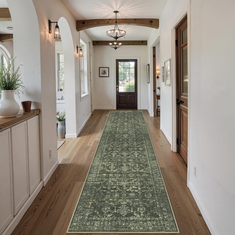 Vintage Boho Area Rug - Washable Non Slip Low Pile Rug, Dark Green, Runner 3' x 12'