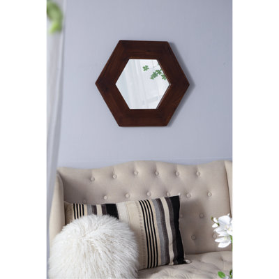 Miroir hexagonal brun foncé avec envers en bois massif de qualité, accessoire de salle de bain, cadre 18,5 po x 18,5 po, cadre rehaussant l'ambiance de la maison