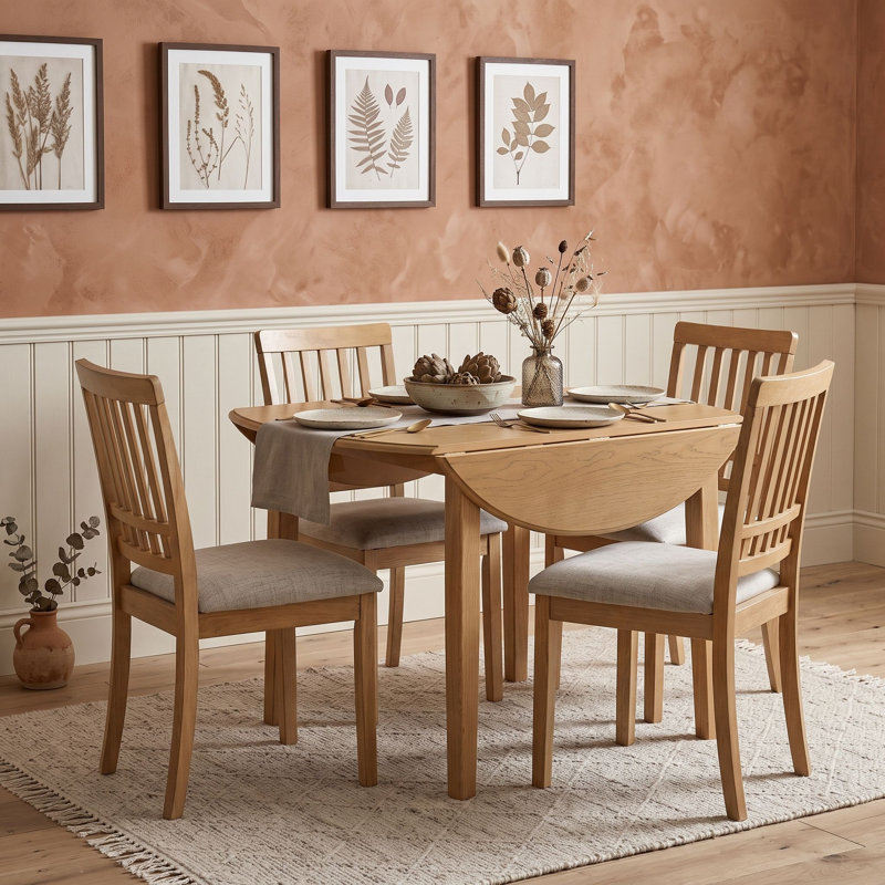 Ensemble de salle à manger rond extensible 5 pièces avec 4 chaises rembourrées, ensemble de cuisine gain de place avec rallonge rabattable