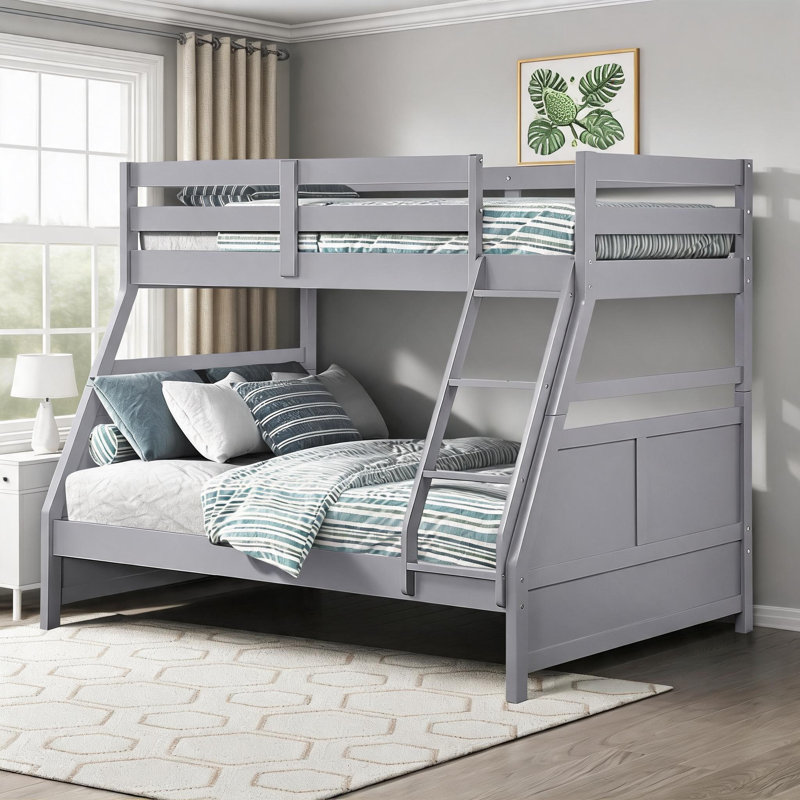 Lit superposé plateforme en bois massif, lit simple gris doux sur lit double avec garde-corps de sécurité, idéal pour chambre de jeunes