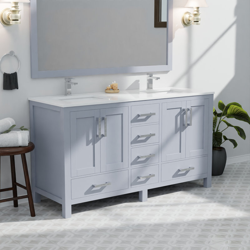 Meuble-lavabo double avec plateau en marbre de culture, Gris foncé