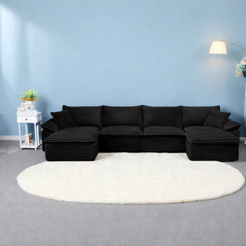 Canapés modulaires à compression, canapé nuage en velours côtelé noir 144 pouces, maison familiale moderne